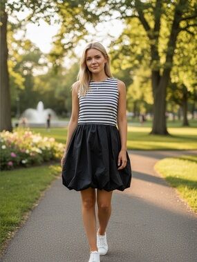 NWT LOFT Petite M Striped Bubble Hem Dress Black White Sleeveless Preppy Chic